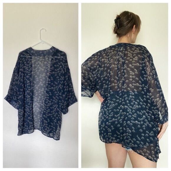 Lucky Brand Swim Kimono Coverup Navy Cream Vacation Beach Sheer - Picture 5 of 9